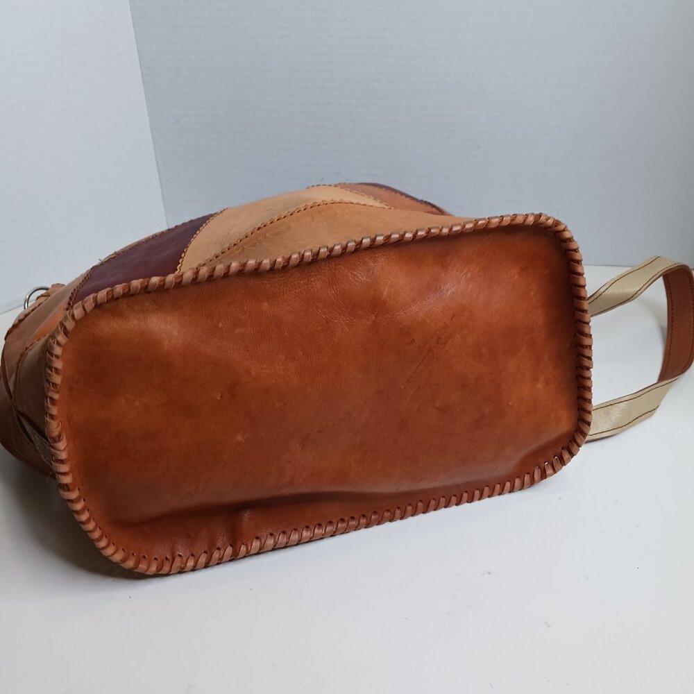 Vintage 80's Leather Patchwork Drawstring Bucket Shoulder Cross Body Bag - Picture 6 of 12